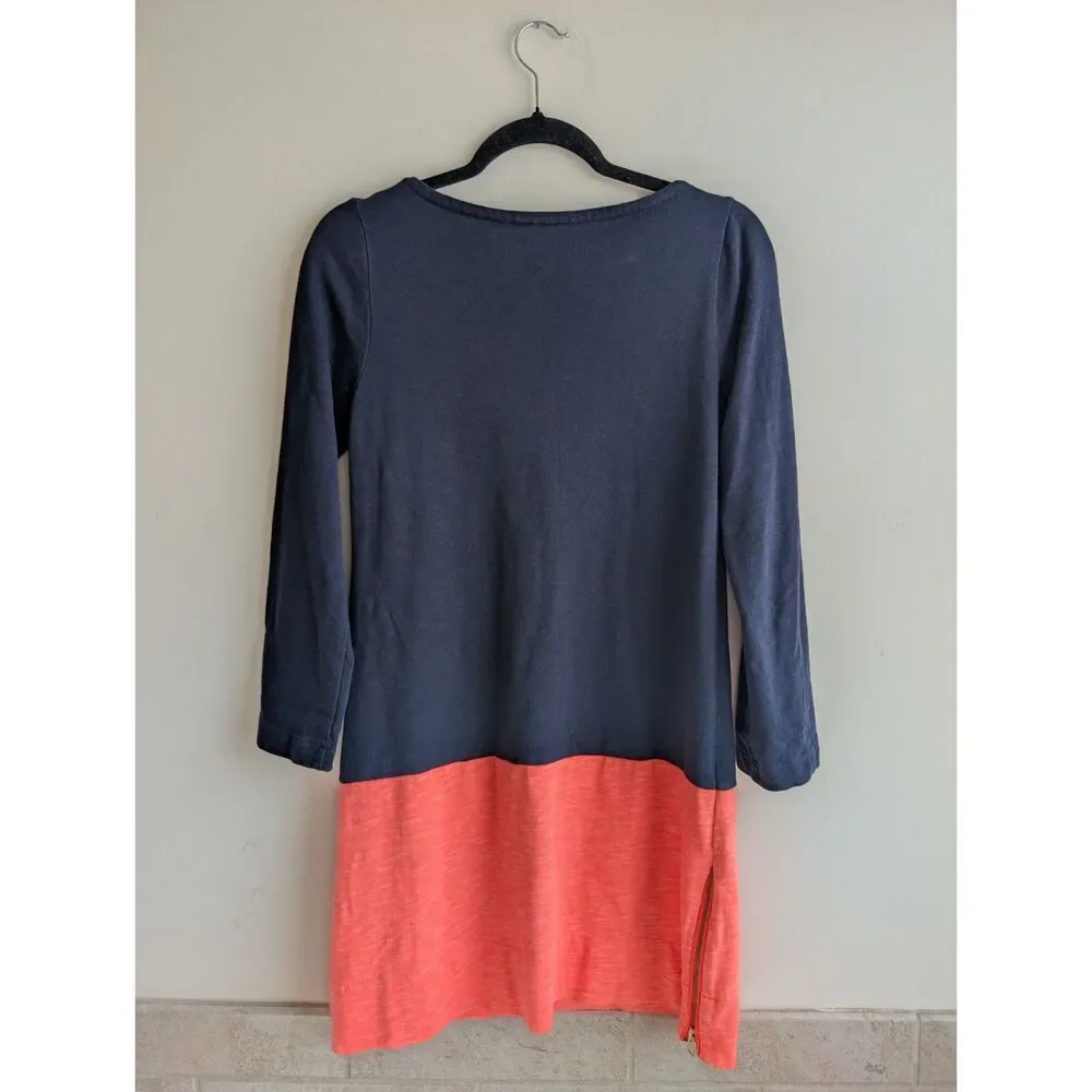J.Crew Navy Coral Colorblock 100% Cotton Boat Neck Shift Dress XS 3/4 Sleeve